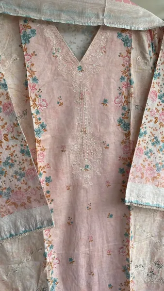 Pakistani Original Bin Saeed Cotton Chickankari Stitched 3Pcs_ Peachy  Pink 